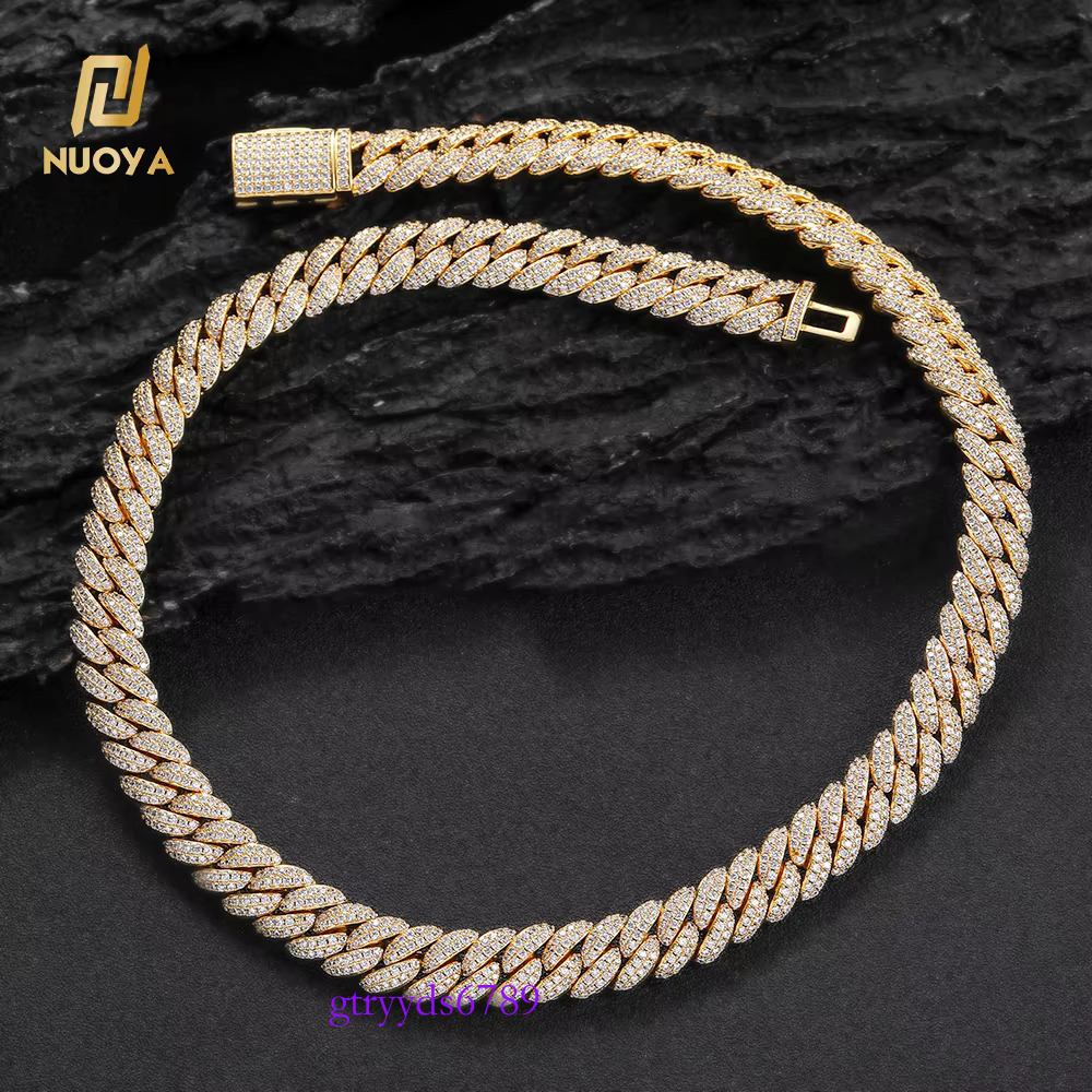 Nuoya 10mm Lab dia cuban k chain Gold Plated Iced Out Miami Cuban Chain Necklace for Men Women