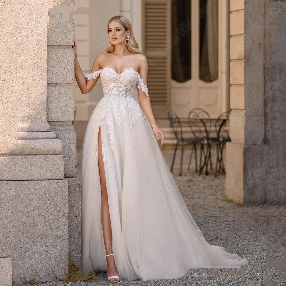 Light Champagne Pastrol Wedding Dress Off Shoulder Sweetheart Lace Appliques Bride Gowns Side Split A-Line Tulle Vestido De Novias