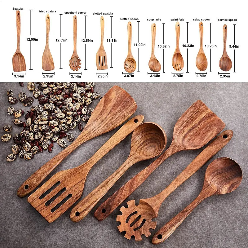 Wooden kitchen utensil set 9 wooden cooking spoons wooden cooking utensils wooden non stick pot spoons 241118