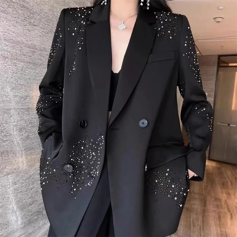 High-grade Rhinestone Black Small Suit Jacket Female 2025 Spring and Autumn Double-breasted Loose Casual Fashion Blazer Top 241118