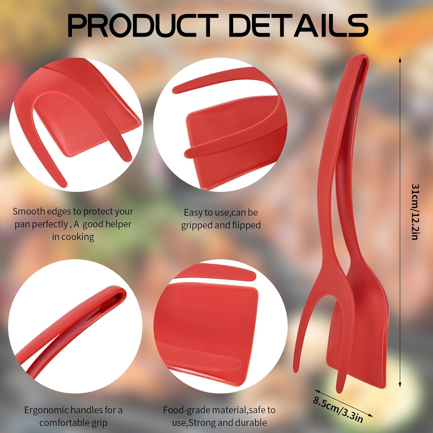 2-in-1 handle and flip scraper tongs, multi-functional non-stick kitchen scraper tongs Barbecue tongs for kitchen cooking baking (black and red)