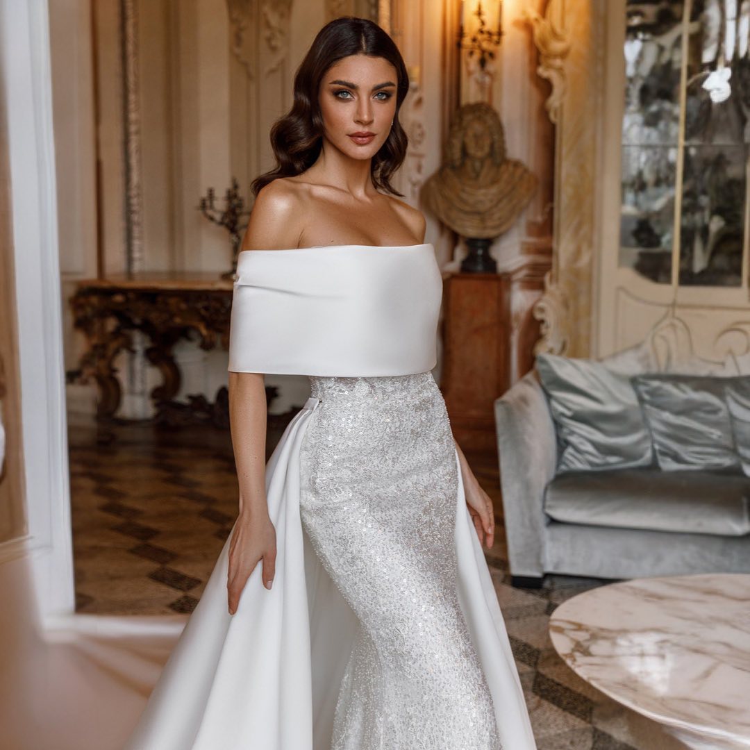 Sparkly Mermaid Sequined Wedding Dresses With Detachable Train Beaded Bridal Gowns Strapless Necke Vestido De Novia