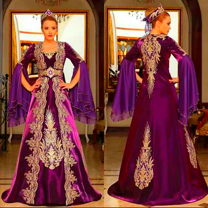 Elegant Turkey Caftan Purple Velvet Evening Dresses With Gold Lace Appliques Crystal Beaded A Line Floor Length Formal Event Gowns Flare Long Sleeves 