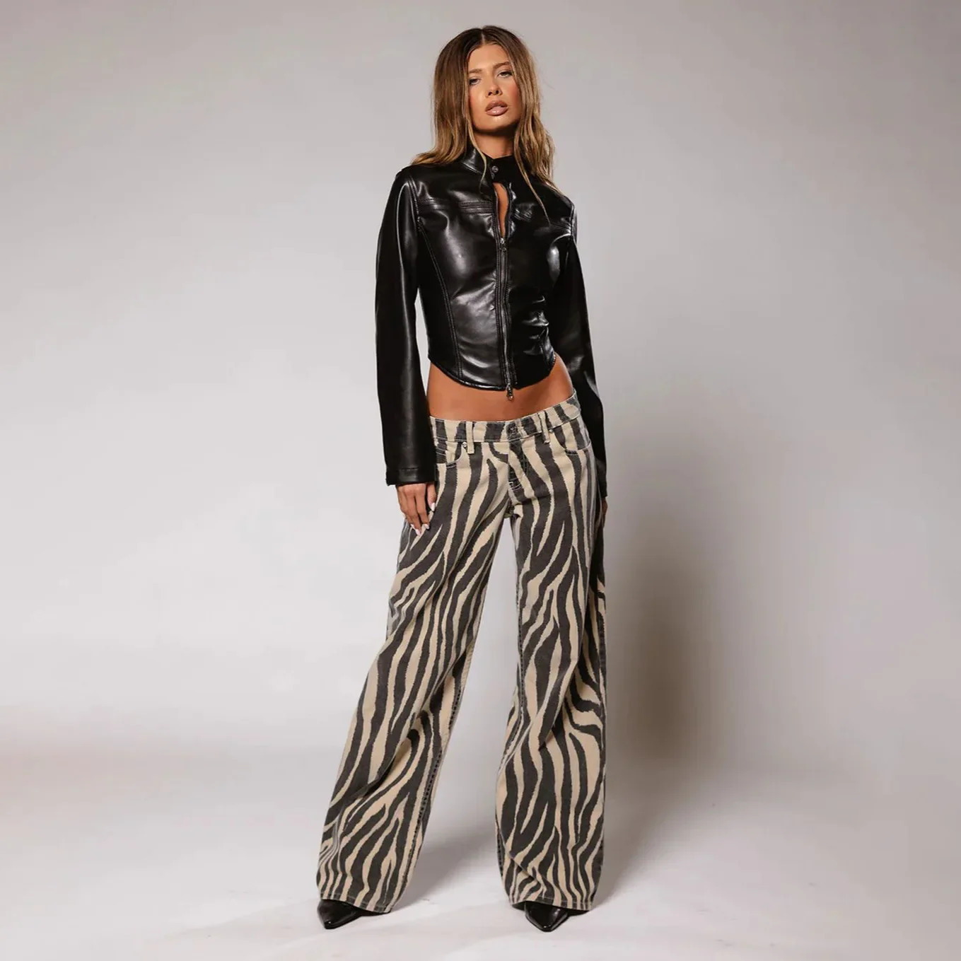 Fashionable low rise straight leg jeans for womens casual denim pants cross-border zebra print autumn street style 241118