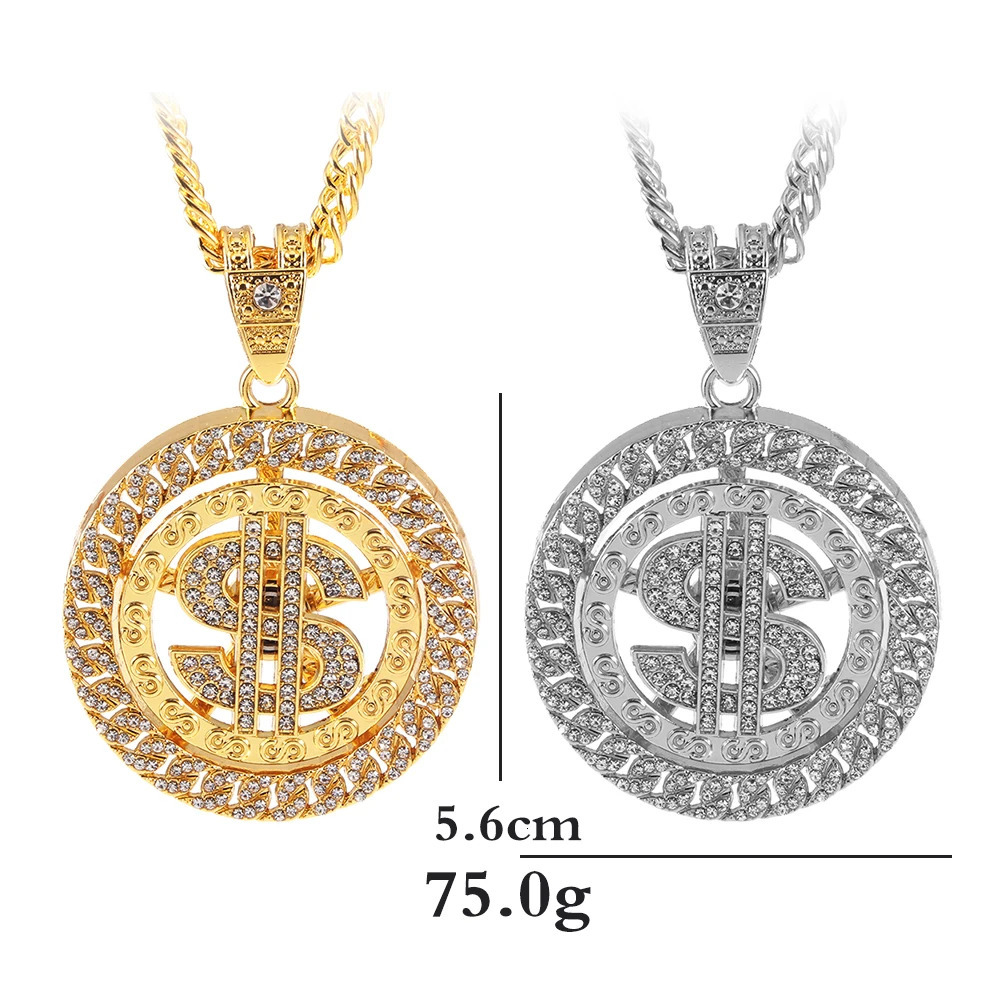 Hip Hop Rotatable US Dollar Pendant Necklace Men Gold Sliver Color Ice Out Crystal Sign Rock Pendant Bling Rapper Bling Jewerly 240323