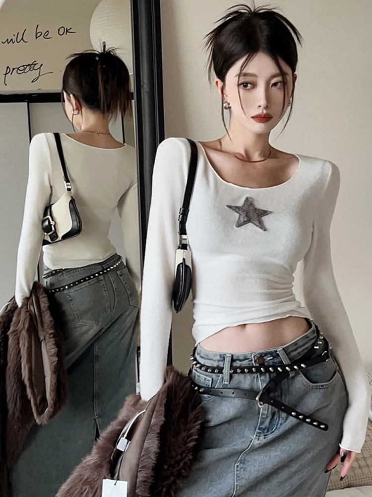 American Retro Star T Shirt Women Spring Autumn Vintage Long Sleeve Basic Tees Streetwear Casual Sexy Slim Crop Top Y2k Clothes 240409