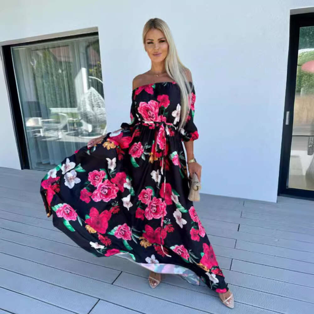 Long Skirt Summer New Seaside Vacation Style One Line Collar Printed Dress F41939