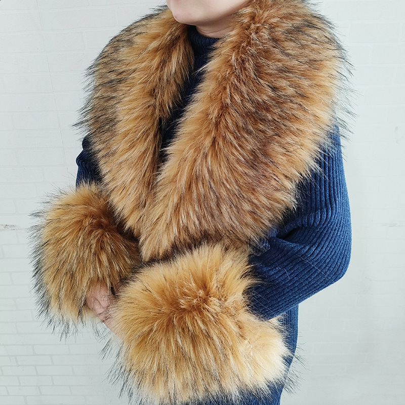 Fur Scarf And Cuff Set Women Winter Jacket Fur Collar Neck Scarves Fox Fur Warm Neck Warmers 240830