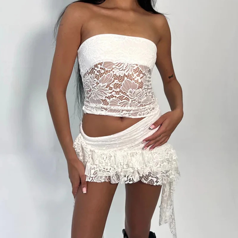 Maemukilabe Y2K Vintage Co-ord Outfits Fairycore Mesh Sheer 2 Piece Set Strapless Bandeau Tube Top Double Layered Mini Skirt 240419