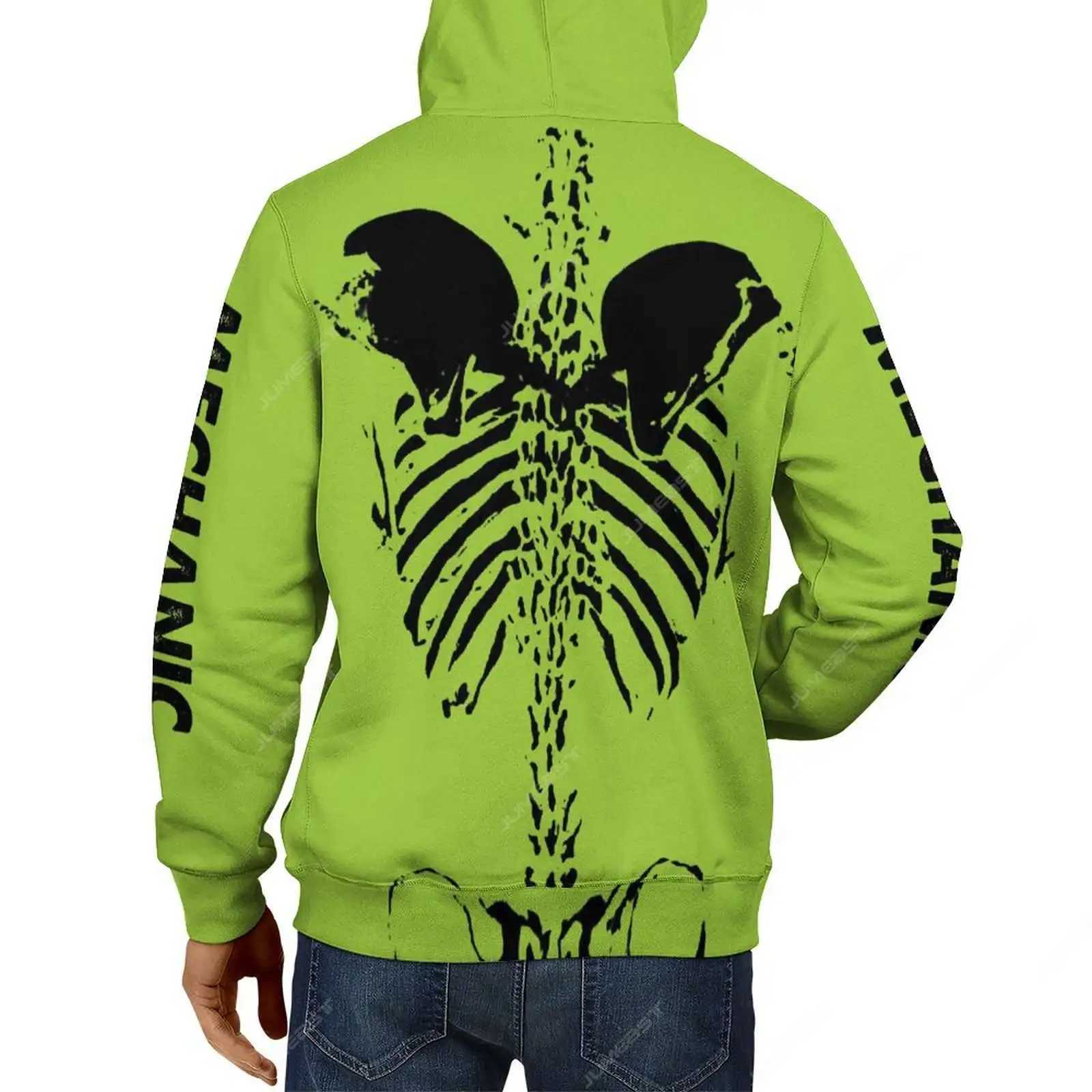 New Arrival Giant Neon Green Mechanical Skeleton Mens Zipper Hoodie Dark Academy Horror Hoodie Gothic Raincoat Z241118