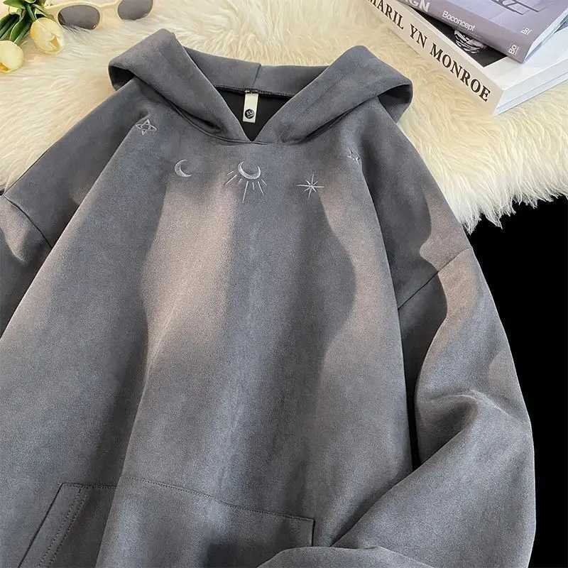 Suede Hoodie Dress Spring and Autumn Retro Trendy Loose Casual Brand Jacket Harajuku Y2K M241118