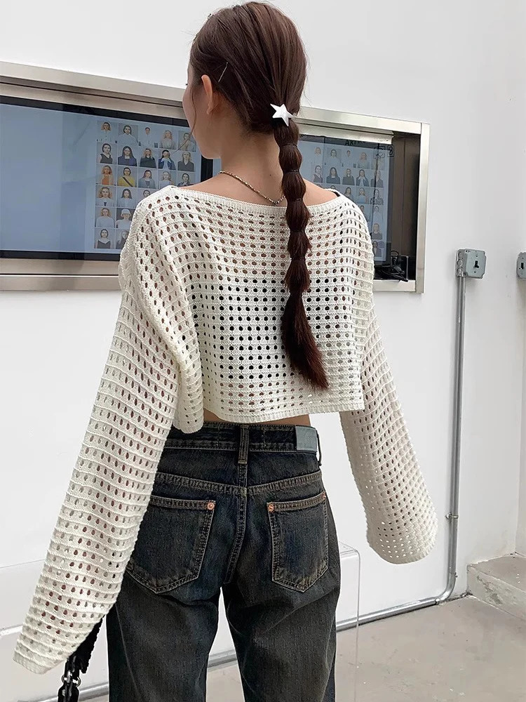 HOUZHOU Acubi Knitted Crop Top Y2k Women Smock Korean Fashion Hollow Out Loose O-Neck Long Sleeve Top Chic Streetwear Knitwear 240409