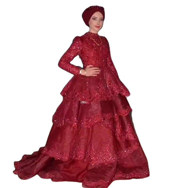 2024 Long Sleeves Mulism Prom Dresess Tiered Floor Length Ball Gown Formal Dress Lace Appliques Beaded Jewel Neck Arabic Kaftan Women Burgundy Evening