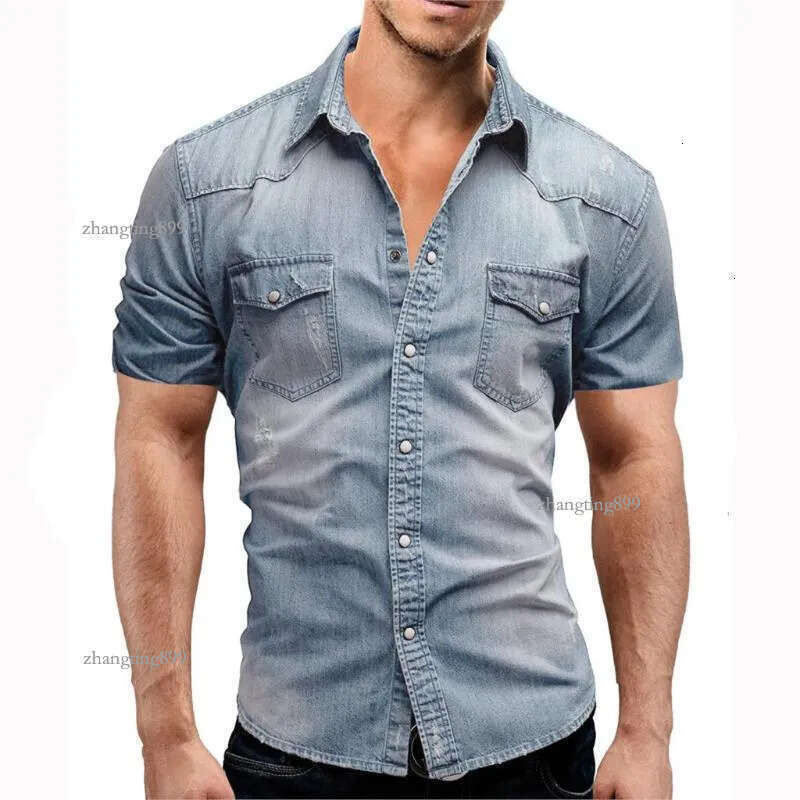 Men Spring Summer Denim Thin Shirt Short Sleeve Soft Cotton Two Pockets Slim Slight Elastic Jeans Cowboy Clothing Men's Casual Shirts