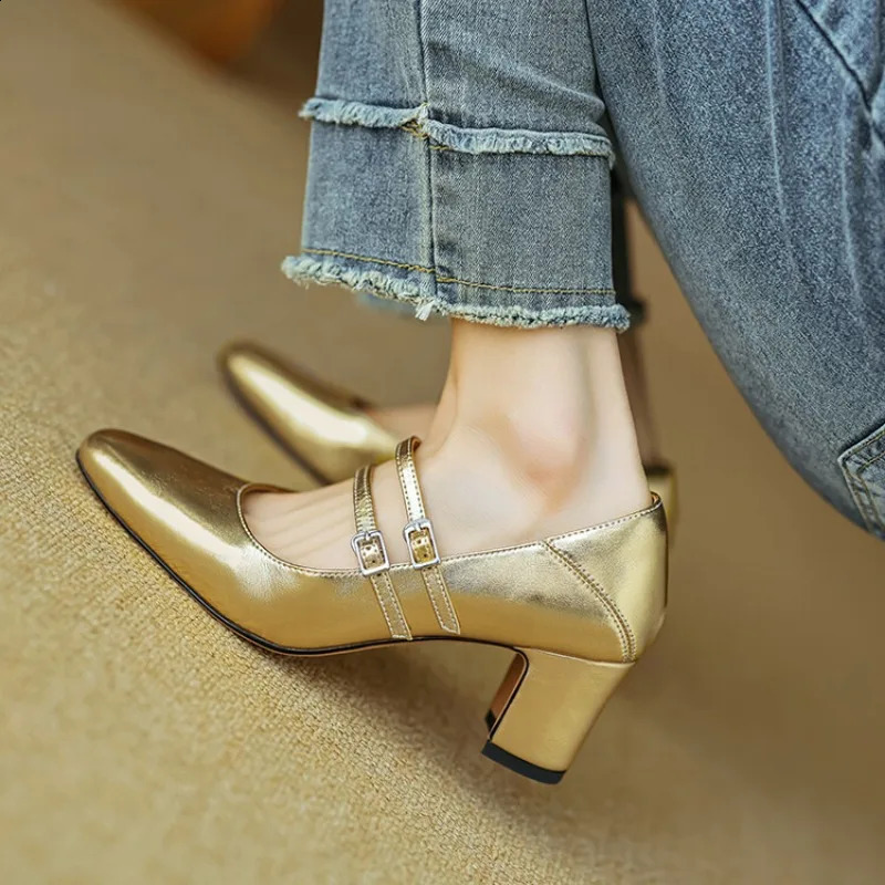 Blapunka Golden Real Leather High-Heeled Shoes Women Double Buckle Red Beige Mary Jane Pumps Woman Office Shoes Small Size 33-40 241118