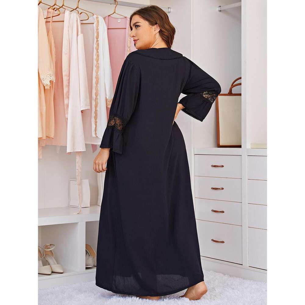 Large Size Women's Long Sleeved Lace Home Dress, Chubby Mm Pama Dress F41951