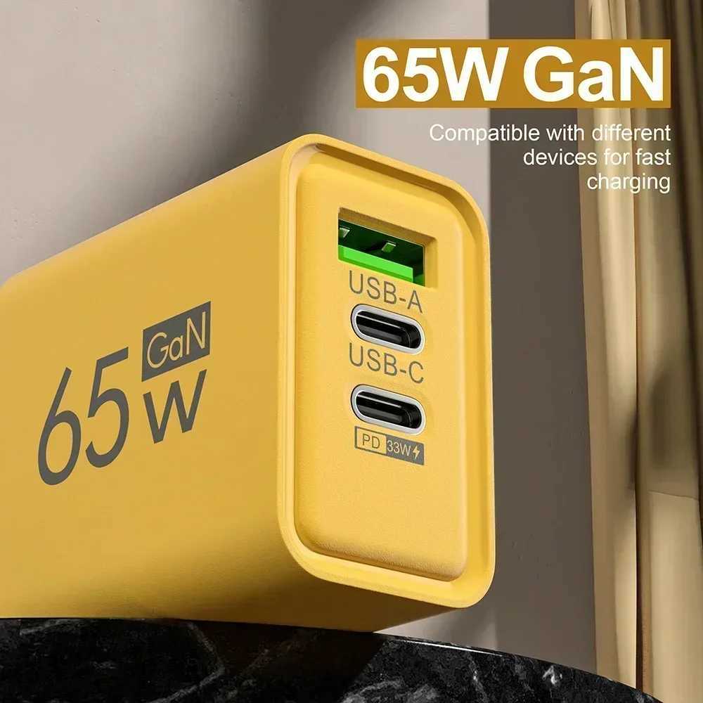 65W 3-Port GaN USB PD Phone Charger USB C to Type C High Speed Charging Data Cable QC3.0 Phone Wall Adapter Y241119
