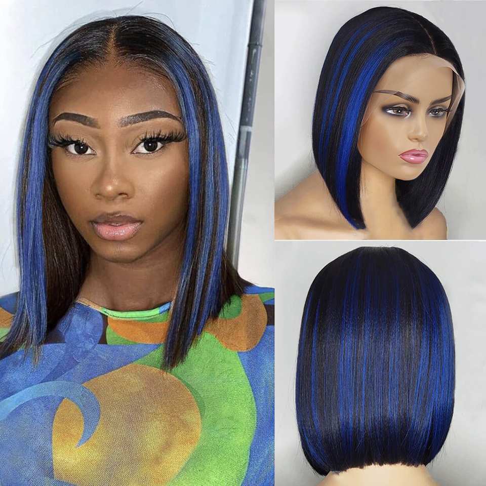 1B Blue Highlight Straight Bob Wig 13x4 Lace Frontal Human Hair Bob Wigs Ombre Straight Short Lace Front Bob Wig