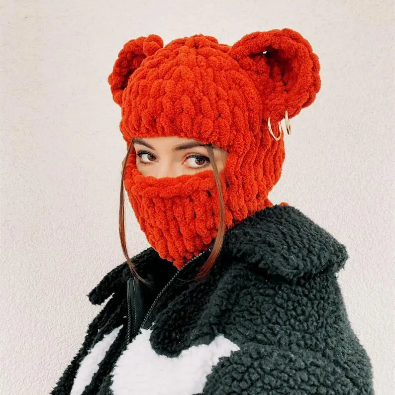 Bear Ears Crochet Balaclava Women Handmade Chain Circle Knitted Hat Fashion Party Chenille Mask Warm Ear Protection Skullies Cap 240419