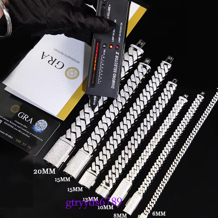 Lowest Price 8mm-15mm Wide 2rows Dia S Sier Gold Plated Iced Out Moissanite Bracelet for Hip hop Mens