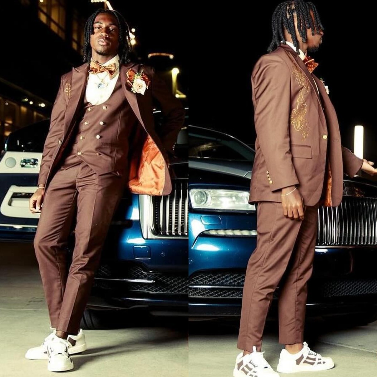 Brown Mens Cool Suit Peaked Lapel Wedding Tuxedos Three Pieces Sequins Appliqued Groom Wear For Black Men One Button Prom Evening Blazers With Vest Ja