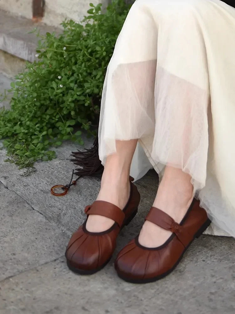 Artmu Original Pleated Mary Jane Shoes For Women Elastic Band Flats Casual Soft Soles Shoes Genuine Leather Shoes 241118