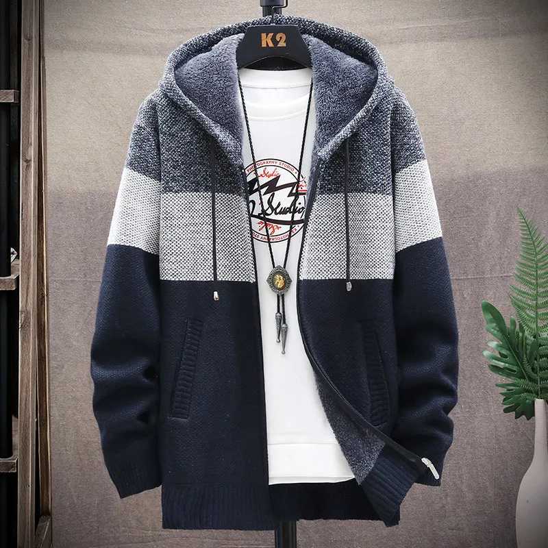 Mens patch work winter warm sweater wool skydiving hooded cardigan mens clothing knitted jacket mens knitted thick slim fit jacket W241119