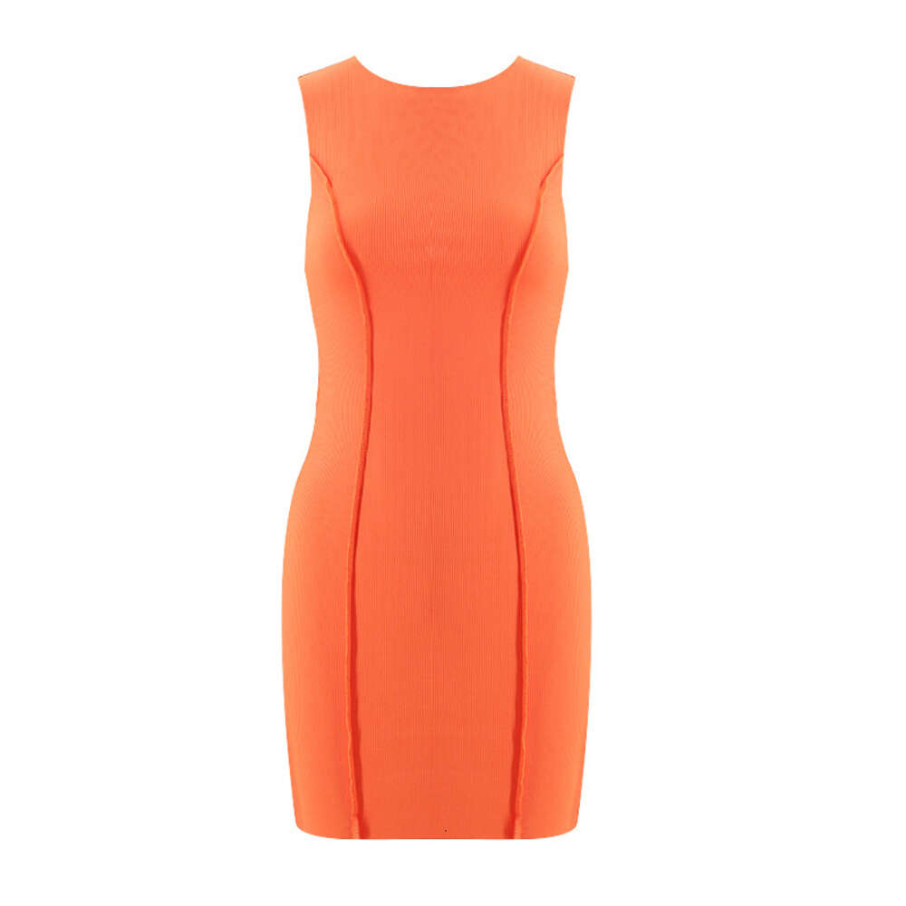 2024I Summer New INS Women's Round Neck Sleeveless Solid Color Fashion Slim Fit Wrap Hip Dress F41915