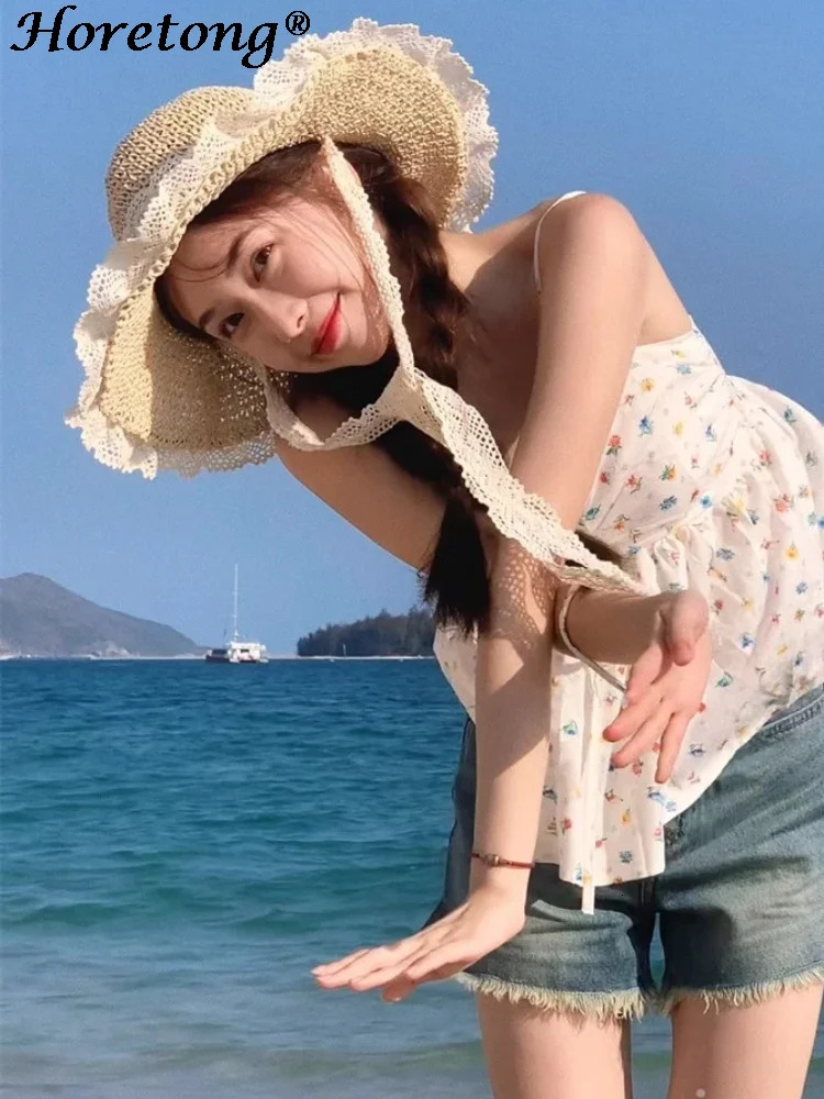 Horetong Femme Beach UV Protection Cap Korean Fashion Hollow Lace Up Foldable Sun Hat Women Summer Large Brim Beach Visors Hat 240323