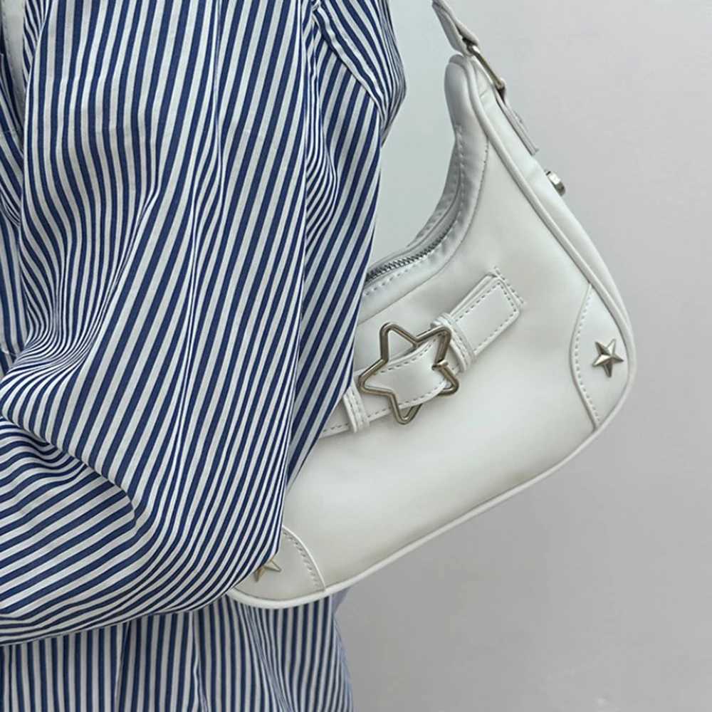 Vintage Korean Casual Cute White Star Shoder Underarm Tote Bag Ladies Sling Bags Leather Zip Purses Handbags For Wen Z250515