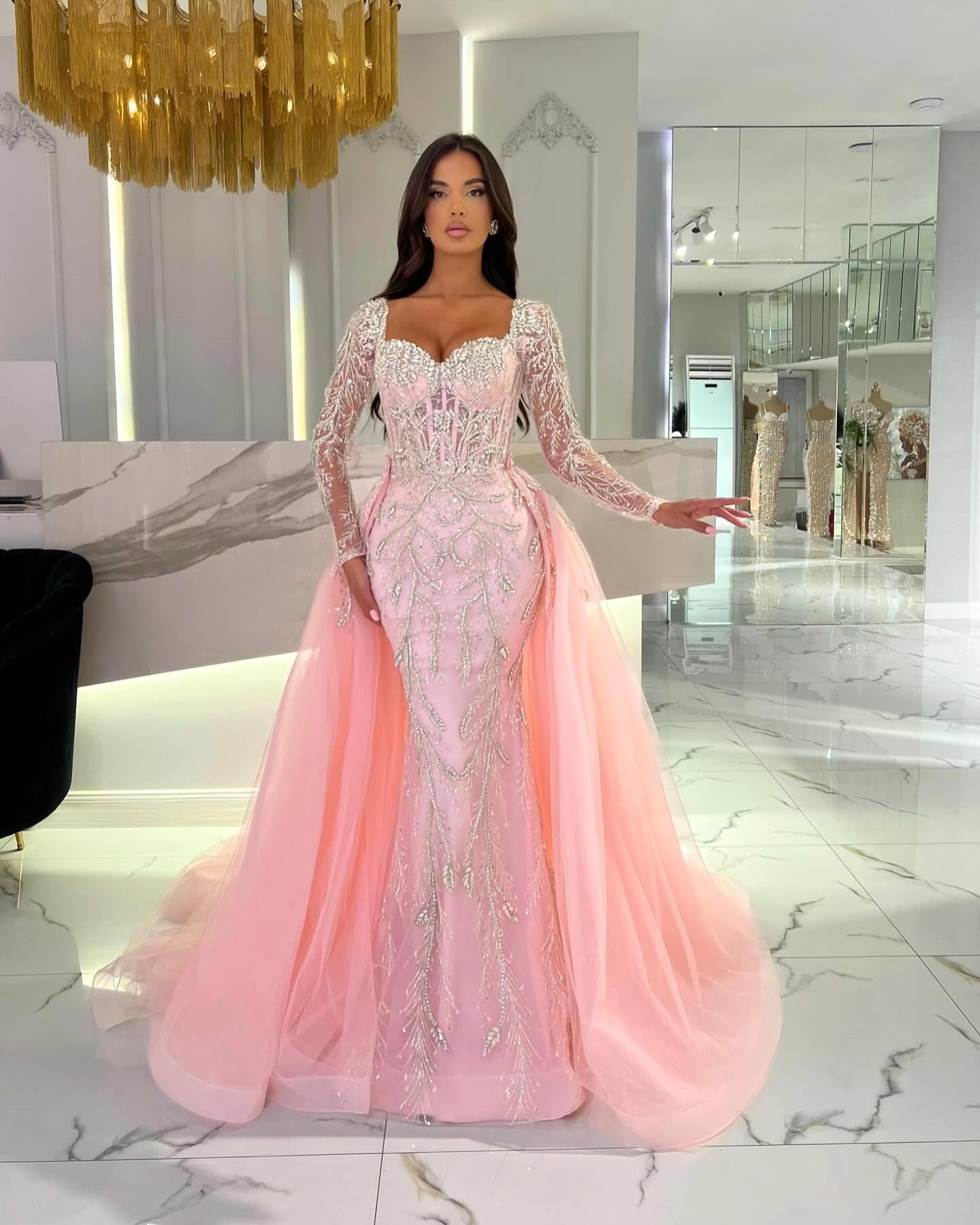 Pieces Two Pink Celebrity Dresses With Detachable Train Crystals Long Sleeves Evening Gowns Vestidos De Gala Birthday Party Gown Bc D