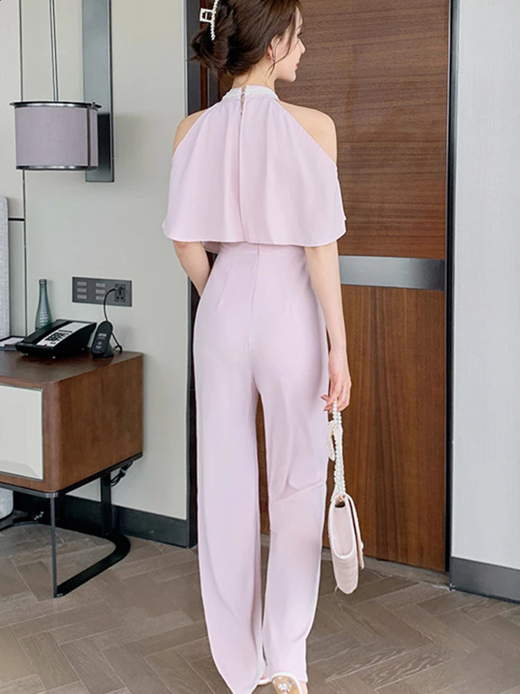 Summer Sweet Elegant Womens jumpsuit Pink pearl suspender Shoulder Ruffles Wide Legs Long Womens jumpsuit Vacation Party Office 241118