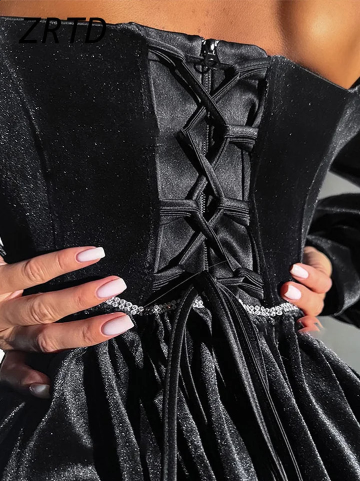 Sexy Velvet Strapless Short Party Dress Women Off Shoulder Long Sleeve Bandage Dresses 2024 Autumn Lady Christmas Evening Robes 241120