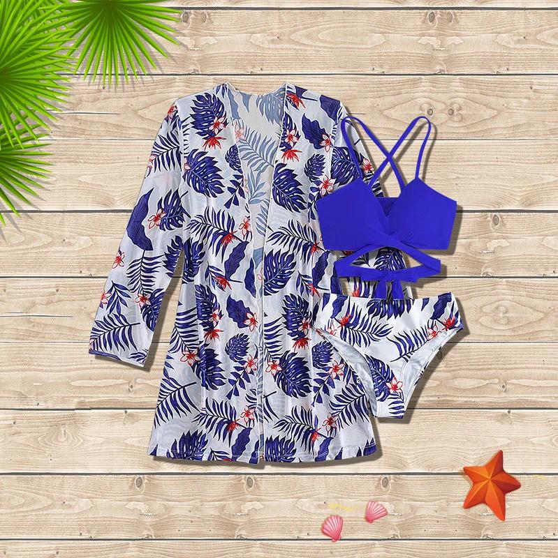 Womens Swimwear 2024 Mesh Three Piece Sunscreen Digital Print Loose Top
