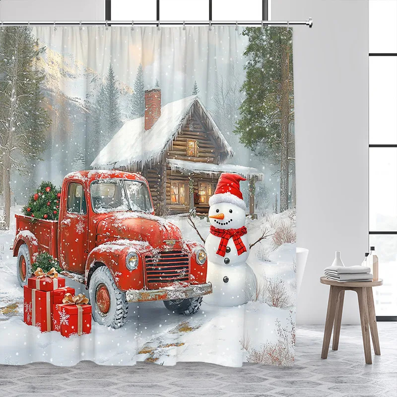 Christmas Snowman Shower Curtains Red Bird Berry Rabbit Winter Forest Snowflake Year Home Bathroom Curtain Decor With Hooks 241119