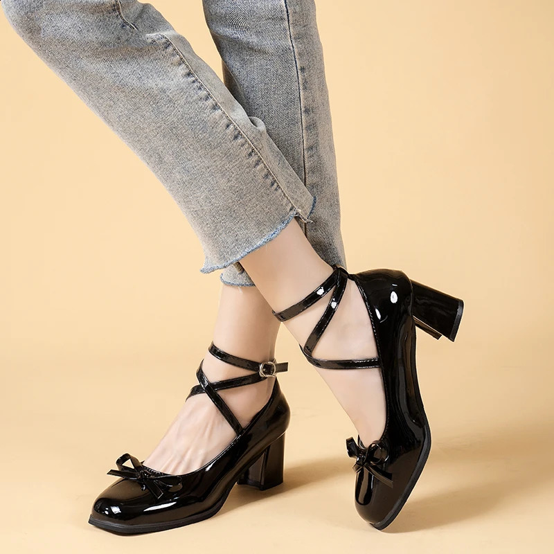 Black Retro Cross-Tie Pumps Casual Summer Round Toe Shoes Ladies Sweet Fashion Shoes Woman Bow 241120