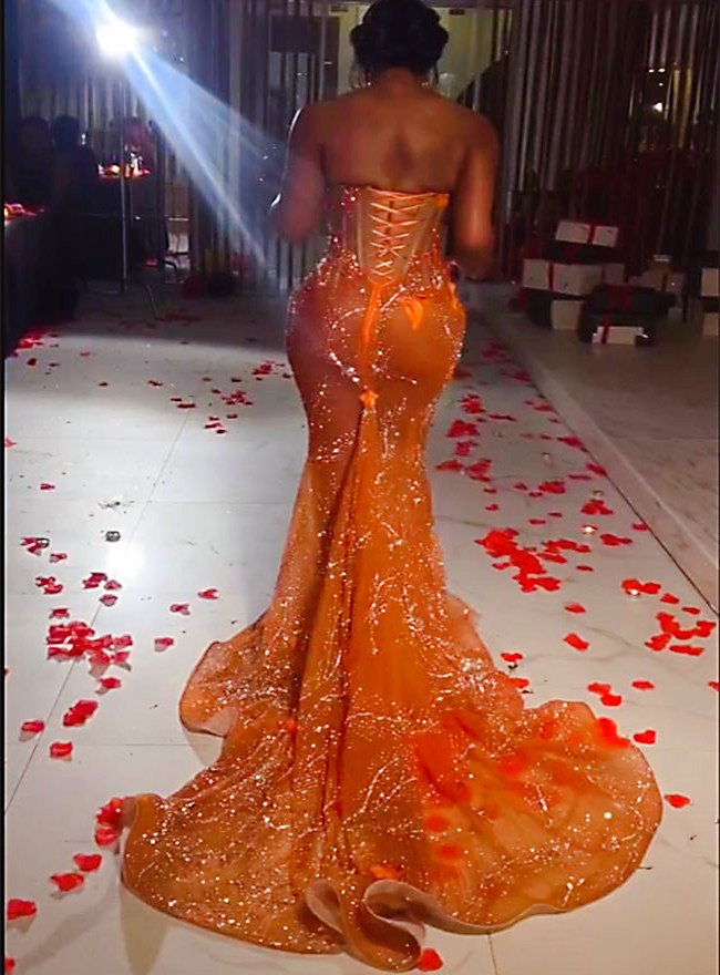 2024 Arabic Aso Ebi Orange Illusion Mermaid Prom Dresses Lace Beaded Crystals Long Sleeves Evening Formal Party Second Birthday Reception Gowns Dresse