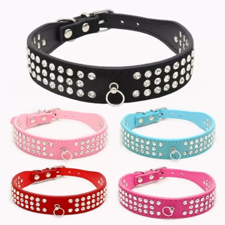 Peronalized Length Suede Skin Jeweled Rhie Pet Dog Collar Three Row Sparkly Crytal Dia Studded Puppy Collar In Tock