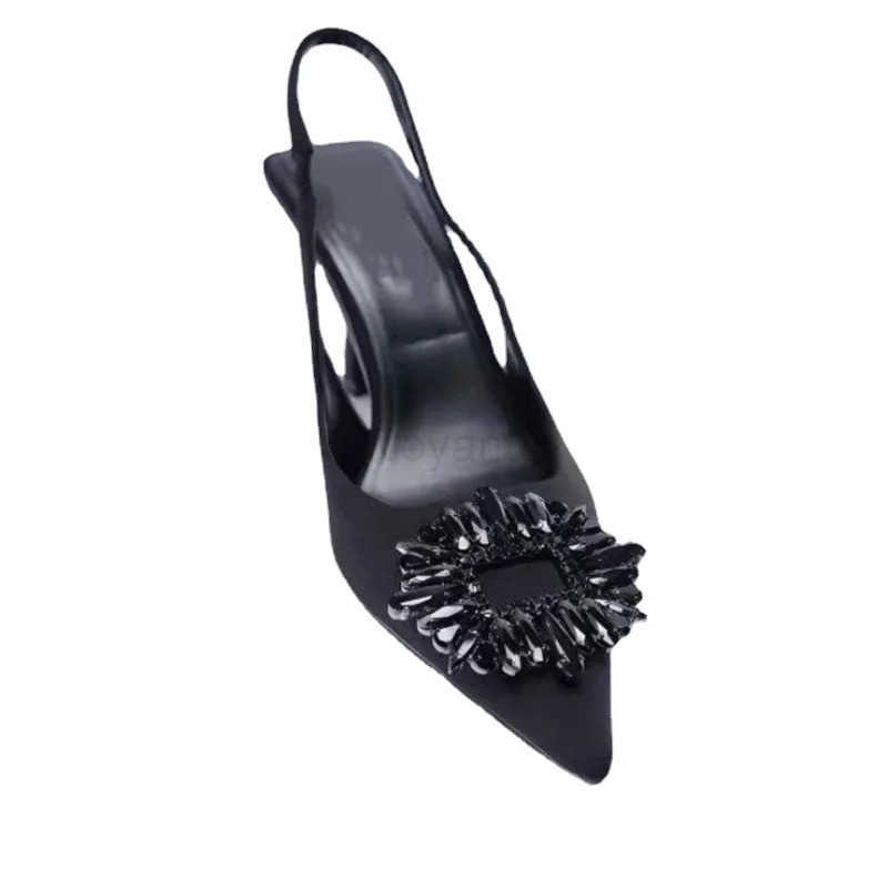 New High-heeled Sandal A Word Back Trip with Rhine Decorated Bao Sandal Pointed Single Shoe Shallow High H Wen Z250304
