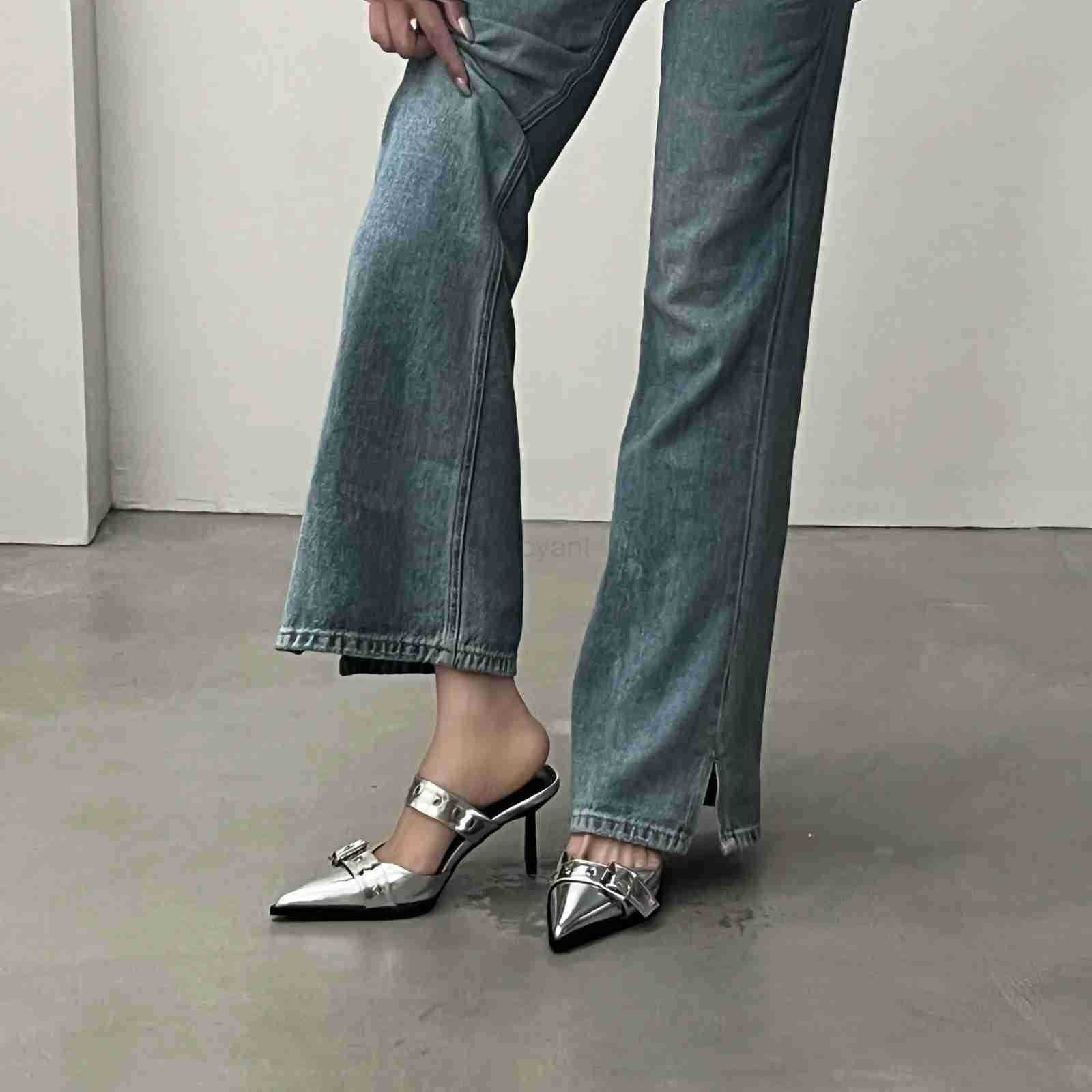 NEW Summer Pointed Belt Buckle Thin Heel Belt Buckle Single Shoes Wens Baotou Sier Back Empty High-heeled Sandals Z250304