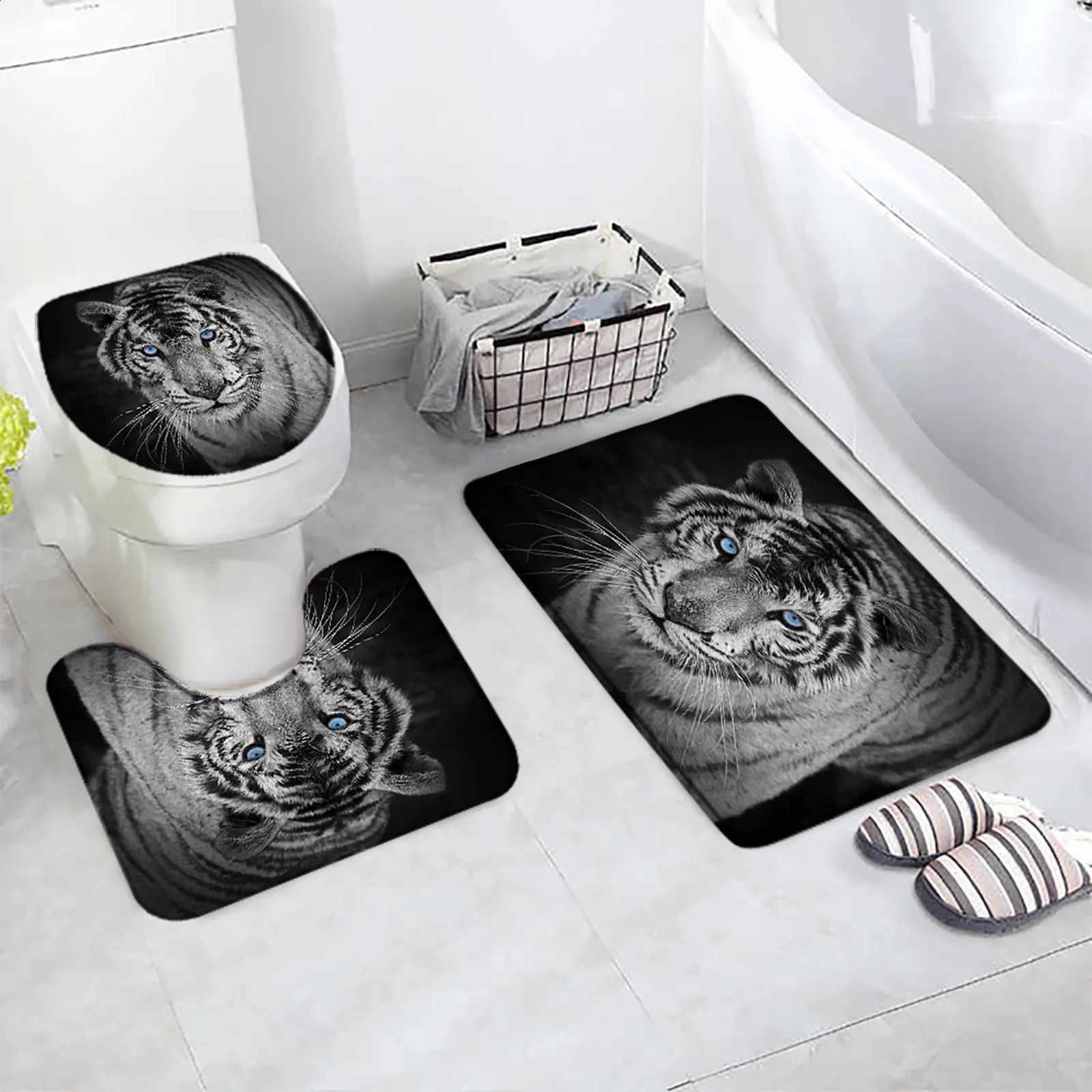 Black White Tiger Shower Curtain Set Wild Animal Gazing Modern Home Bathroom Decor Carpet Non-Slip Rug Bath Mat Toilet Lid Cover 241119