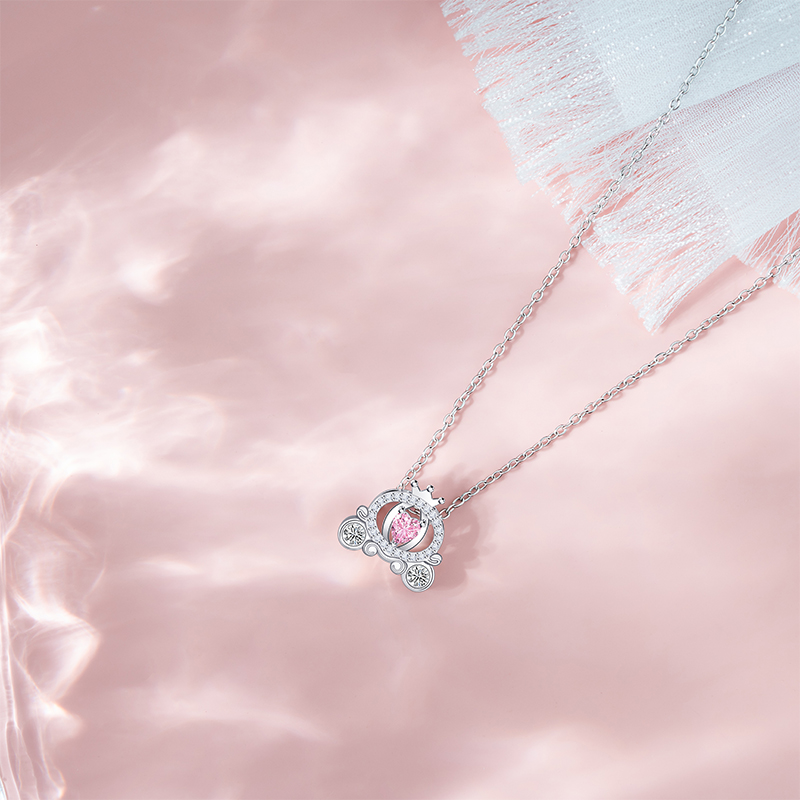 Fashionable Women's Pumpkin Carriage Charm Necklace Featuring Lovely Pink Zircon Stones and Durable Stainless Steel