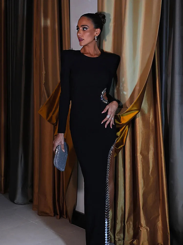 Fashion Round Neck Sequin Shoulder Pad Black Long Dress Sexy High Slit Hollow Out Womens Dresses Evening Party Prom Robes w241126