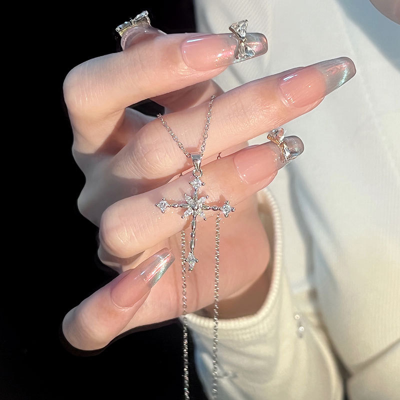 Fashionable Minimalistic Zircon Cross Pendant Necklace for Women - Uncommon Design Stainless Steel Chain