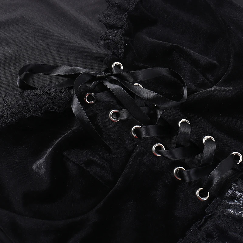 Womens Gothic Style Dark Style Mesh Patchwork Bell Sleeve Top Lace Strap Long Sleeve T-Shirt 240409