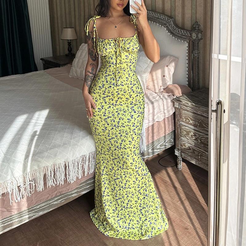 Casual Dresses Y2K Floral Print Spaghetti Strap Bodycon Sundress Deep V Neck Long Dress Sexy Backless Summer Streetwear