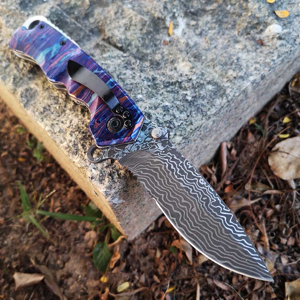 olding Blade Knife Tacticfal F,Prime Quality Knife,Damascus Blade 3D Rainbow Handle,Good for Collection and Outdoor Survival Hunting Camping Hiking HE
