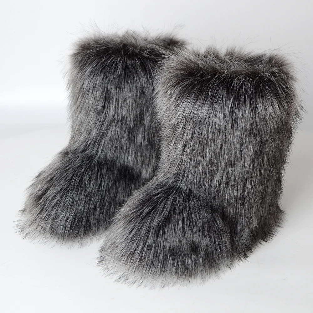 2024 New Winter Faux Fur Boots Women Warm Fluffy Snow Boots Luxury Footwear Female Furry Fox Fur Bottes Fashion Winter Shoes