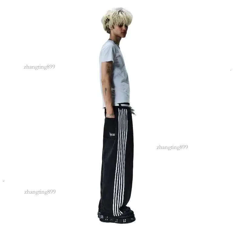 Baggy Jeans Harajuku Goth Y2k Designer Jeans for Men Black Striped New Hip Hop Embroidered Wide Leg Denim Pants High Street Streetwear