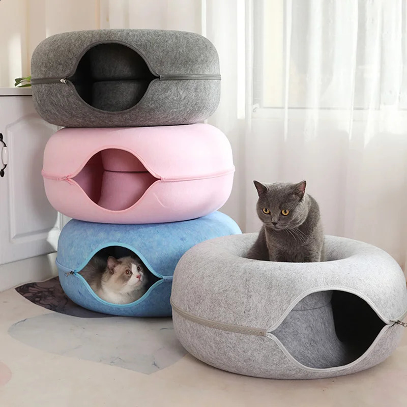 Sweet Donut Cat Bed 2 cats detachable pet cat tunnel interactive game toy dual-use felt indoor cat sports equipment cat supplies 241115